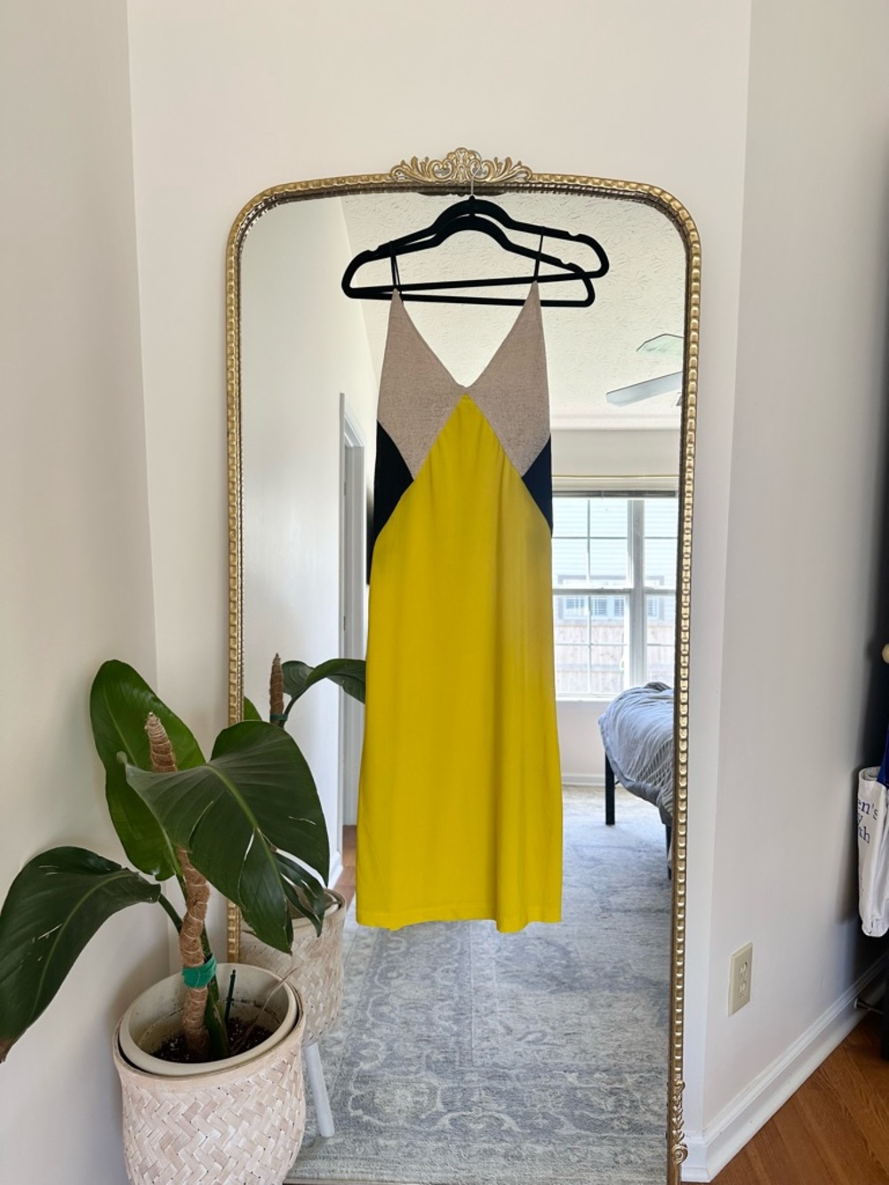 Zara Yellow Colorblock Midi Slip Dress with Beige and Black Accents